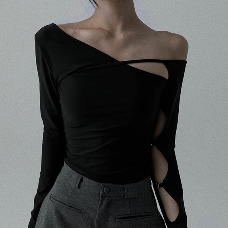 Export Design Street Slope Collar Cut Out Metal Slim Long-Sleeved Top T-Shirt For Women - Image 4