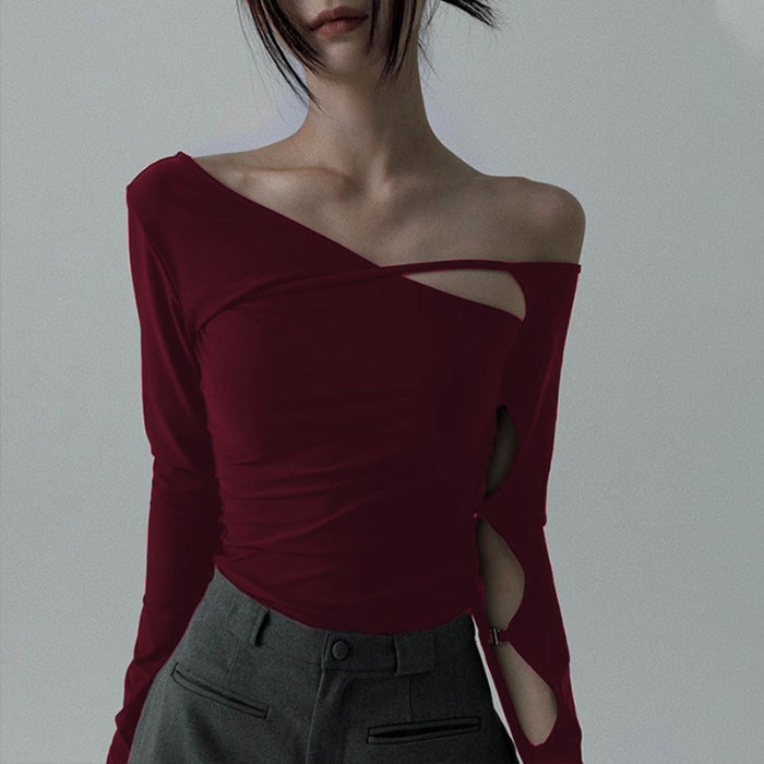 Export Design Street Slope Collar Cut Out Metal Slim Long-Sleeved Top T-Shirt For Women - Image 1