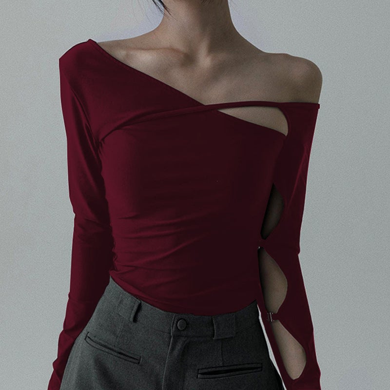 Export Design Street Slope Collar Cut Out Metal Slim Long-Sleeved Top T-Shirt For Women - Image 3