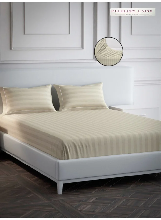 MULBERRY LIVING 100% Cotton - 300Tc Elysian Stripes Queen Size (160X200 Cms) Fitted Bedsheet With 2 Pillow Covers (50X75 Cm) - Beige