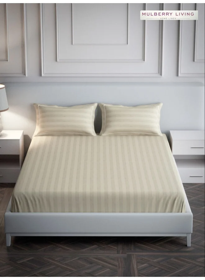 MULBERRY LIVING 100% Cotton - 300Tc Elysian Stripes Queen Size (160X200 Cms) Fitted Bedsheet With 2 Pillow Covers (50X75 Cm) - Beige