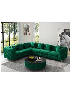 Maharat Al Bahar Green Luxury L-Shaped Leather Chesterfield Sofa - 6-Seater with Golden Legs - Classic Tufted Design for Elegant Living Rooms  - Image 1