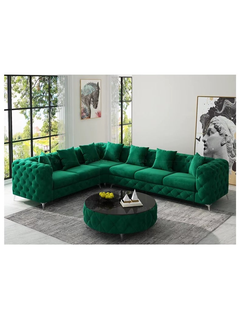 Maharat Al Bahar Green Luxury L-Shaped velvet Chesterfield Sofa - 6-Seater with silver Legs - Classic Tufted Design for Elegant Living Rooms - Image 1