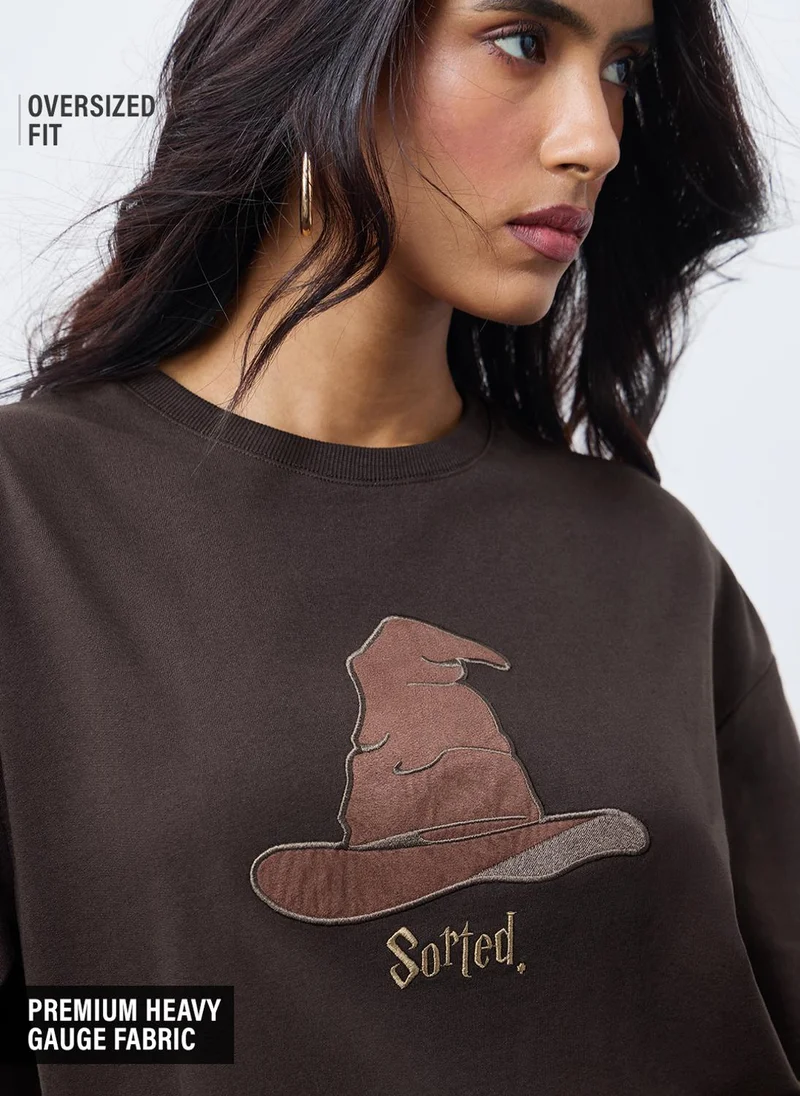 The Souled Store The Souled Store Women Harry Potter Brown Embroidered Oversized T-Shirts
