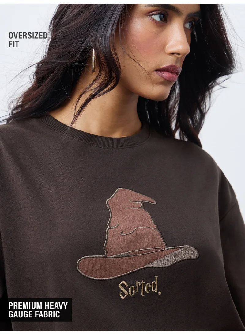 The Souled Store The Souled Store Women Harry Potter Brown Embroidered Oversized Fit T-Shirts