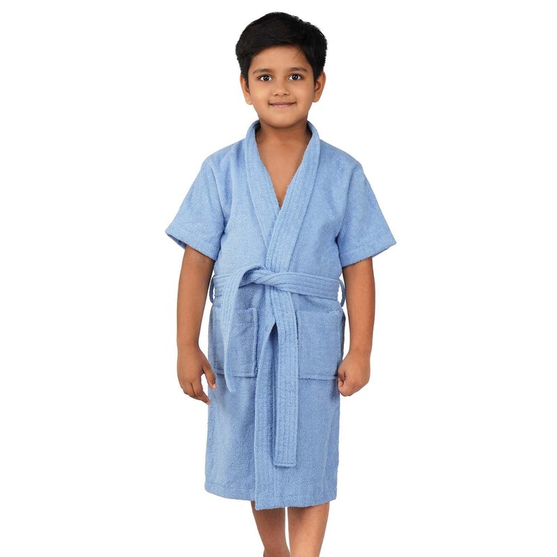 Rangoli Mini Noble 100% Cotton Kids Bathrobe, 400 GSM - Ultra-Soft, Super Absorbent Hooded Bathrobe for Boys and Girls, Blue, 11 to 12 Years - Image 1
