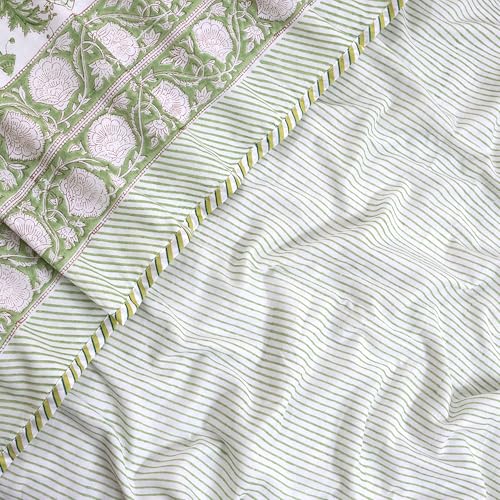 TOAIArt Premium Jaipuri Dohar | AC Blanket Summer Quilt | Hand Block Printed | 3 Layers | Reversible | 150GSM 100% Mulmul Cotton | 100% Cotton Flannel Filling | Queen 90" X 108" |Green Kalamkari - Image 5