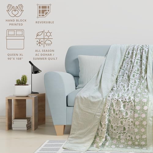 TOAIArt Premium Jaipuri Dohar | AC Blanket Summer Quilt | Hand Block Printed | 3 Layers | Reversible | 150GSM 100% Mulmul Cotton | 100% Cotton Flannel Filling | Queen 90" X 108" |Green Kalamkari - Image 4