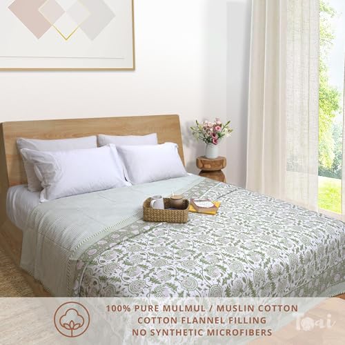 TOAIArt Premium Jaipuri Dohar | AC Blanket Summer Quilt | Hand Block Printed | 3 Layers | Reversible | 150GSM 100% Mulmul Cotton | 100% Cotton Flannel Filling | Queen 90" X 108" |Green Kalamkari - Image 2