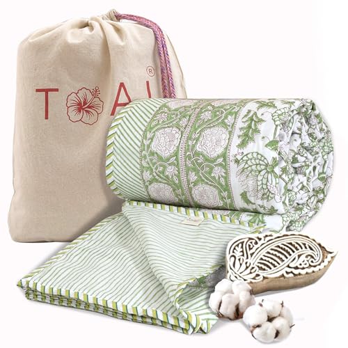TOAIArt Premium Jaipuri Dohar | AC Blanket Summer Quilt | Hand Block Printed | 3 Layers | Reversible | 150GSM 100% Mulmul Cotton | 100% Cotton Flannel Filling | Queen 90" X 108" |Green Kalamkari - Image 1