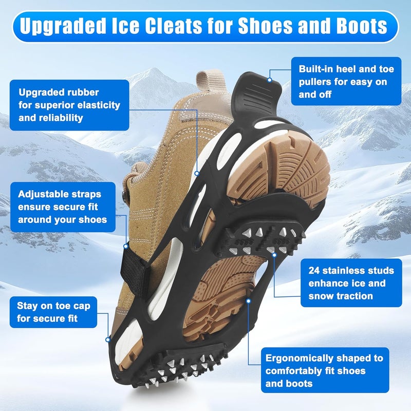 SILANON Ice Cleats for Shoes and Boots, Snow Traction Cleats Crampons Anti Slip 24 Steel Grippers Shoe Spikes Grips for Snow and Ice Slip-on Snow Cleats Overshoes for Women Men Winter Walking Hiking Fishing - Image 2
