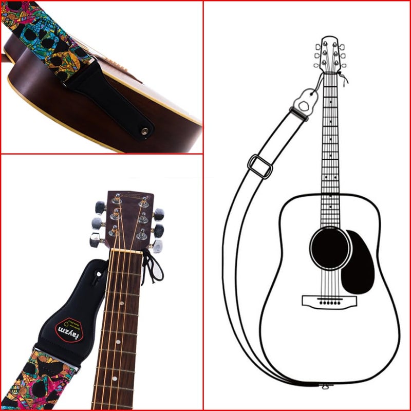 Rayzm Guitar Strap/Bass Strap, Cotton Belt for Acoustic/Electric/Bass Guitar with Pick Pocket & Cool Skull, Adjustable Length, 6.5cm Super Wide for Adults to Play Comfortably - Image 5