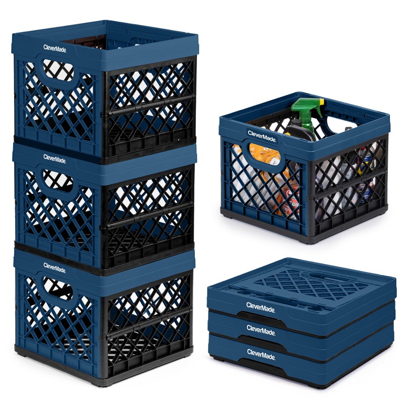 CleverMade Collapsible Milk Crate 25L (6.6 Gal) 3 Pack, 50 lb Capacity Heavy Duty Folding Crate â€“ Stackable Storage Crates with File Rails, Plastic Collapsible Crates - Ocean - Image 1