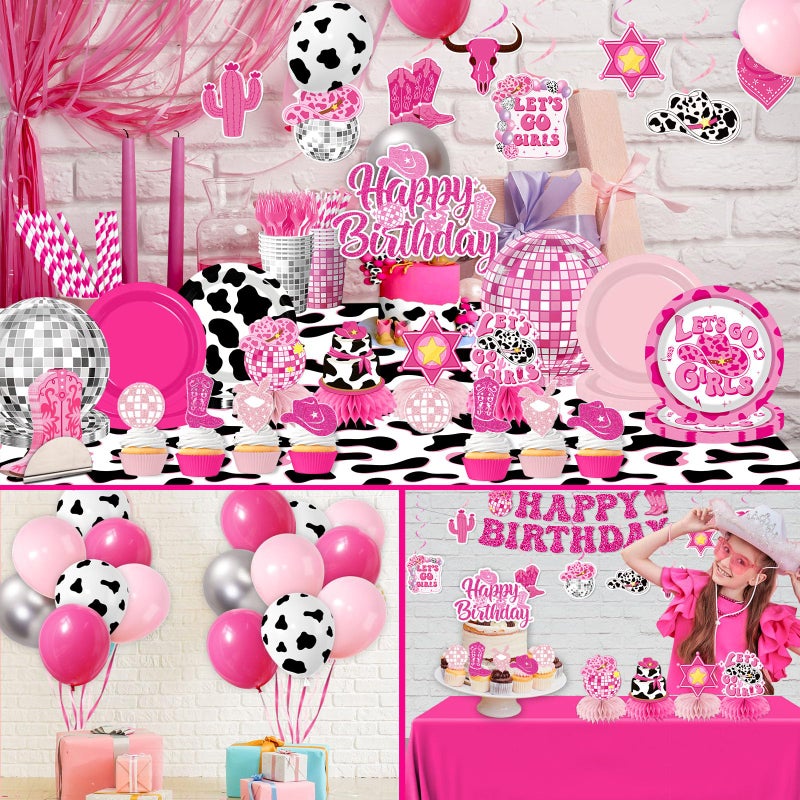 YTGUVBK Cowgirl Birthday Party Decorations, 222Pcs Disco Cowgirl Party Decorations Plates Napkins Cups Banner Hanging Swirl Tablecloth Balloons Cake Topper for Western Cowgirl Bachelorette Party Decorations - Image 5