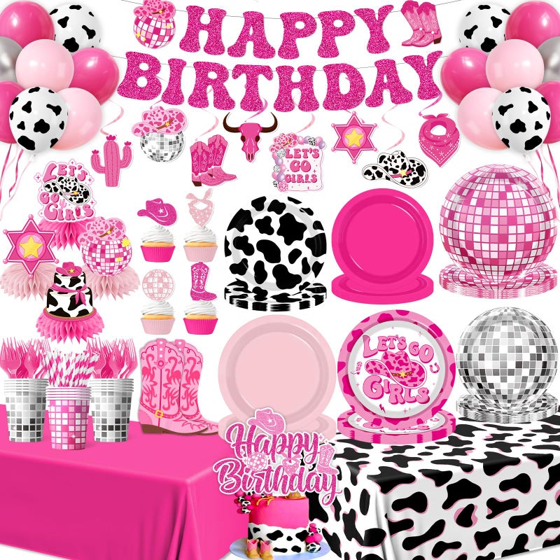 YTGUVBK Cowgirl Birthday Party Decorations, 222Pcs Disco Cowgirl Party Decorations Plates Napkins Cups Banner Hanging Swirl Tablecloth Balloons Cake Topper for Western Cowgirl Bachelorette Party Decorations - Image 1
