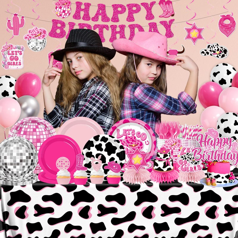 YTGUVBK Cowgirl Birthday Party Decorations, 222Pcs Disco Cowgirl Party Decorations Plates Napkins Cups Banner Hanging Swirl Tablecloth Balloons Cake Topper for Western Cowgirl Bachelorette Party Decorations - Image 2