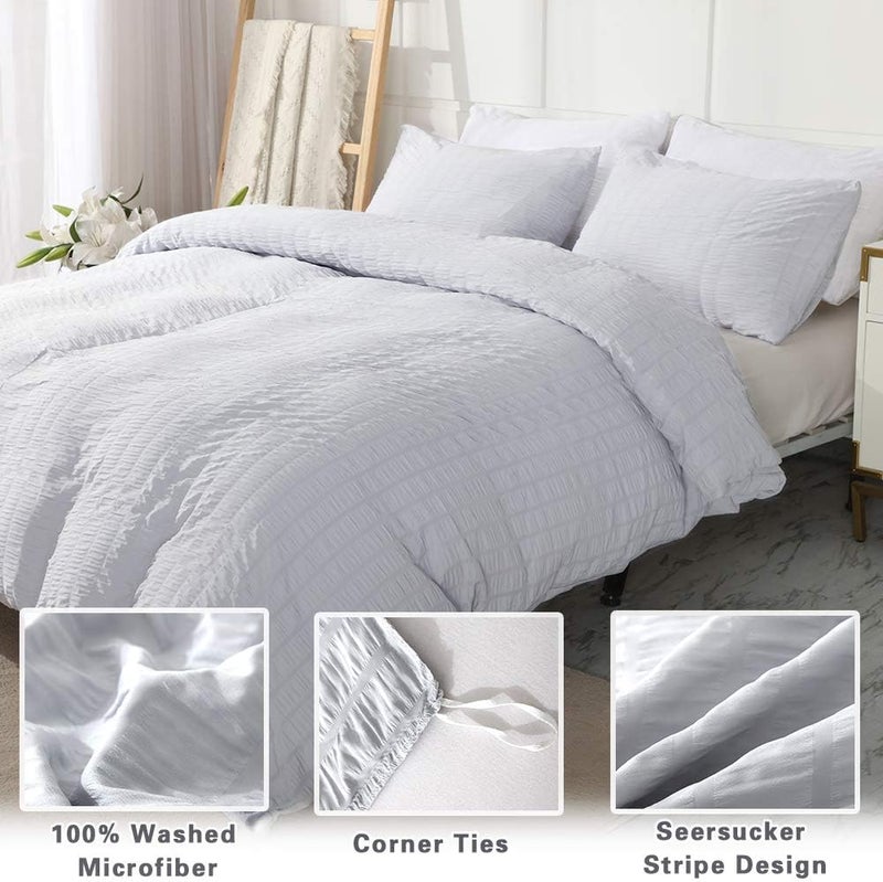 AveLom Light Gray Duvet Cover Cal King(104 x 98 inches), 3 Pieces (1 Duvet Cover, 2 Pillowcases), Seersucker Striped Soft Washed Microfiber, Textured Duvet Cover Set with Zipper Closure, Corner Ties - Image 2