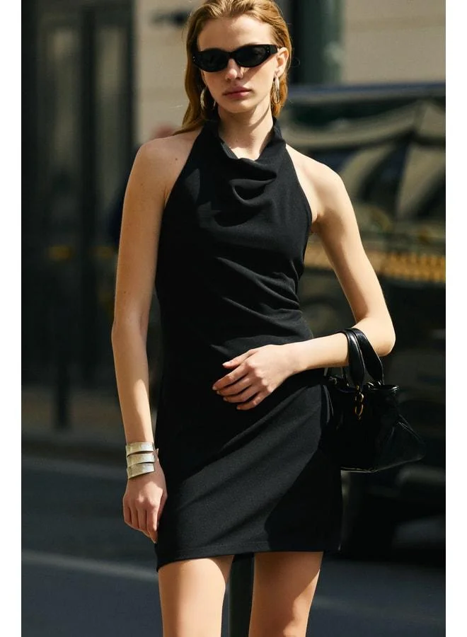 GRIMELANGE CALA Women's Back-Deep Halter-Neck Mini Black Dress.