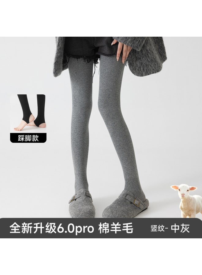 Tall People's Footed Wool Vertical Stripe Autumn And Winter Fleece-lined Thick Cotton Leggings For Outerwear, Stretchy And Warm Pantyhose