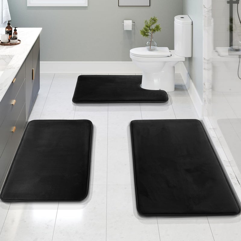 Clara Clark 3 Piece Bathroom Rugs Bath Mat Set Velvet Memory Foam Bath Mats for Bathroom  NonSlip PVC Backing Bath Rugs Washable  Dries Quickly Black