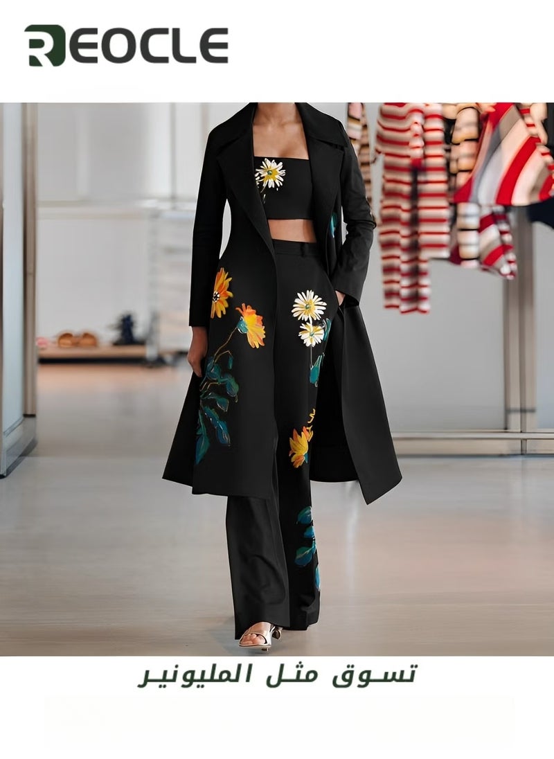 Bell Bottoms Three-piece Suit Handsome Ladies Suit Black Autumn and Winter Fashion Street Photography Printed Long Windbreaker