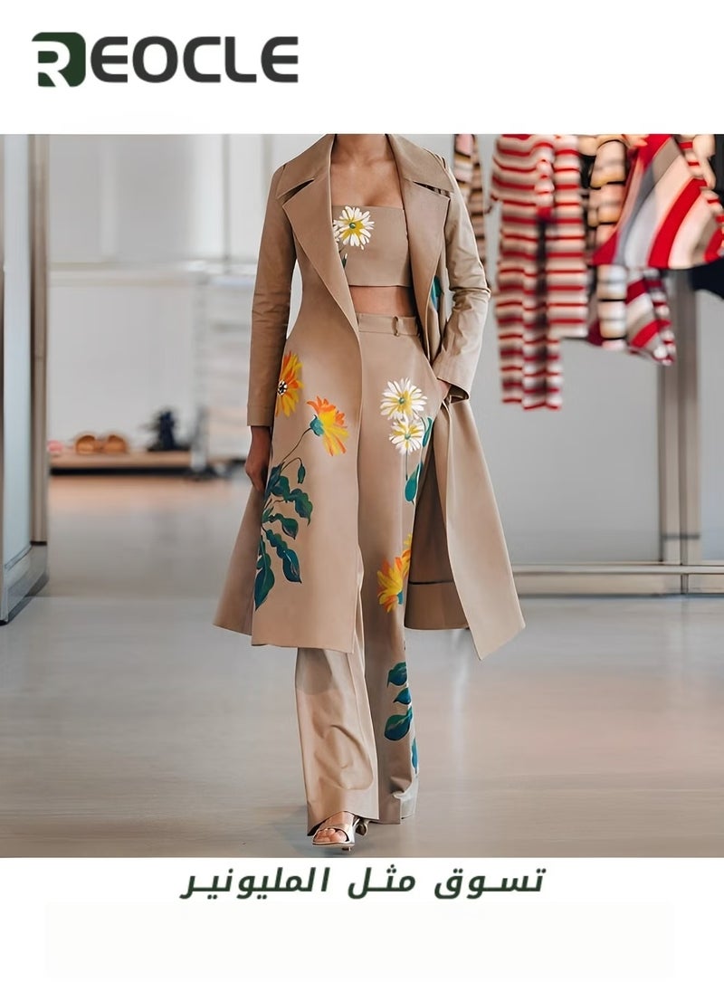Bell Bottoms Three-piece Suit Handsome Ladies Suit Black Autumn and Winter Fashion Street Photography Printed Long Windbreaker