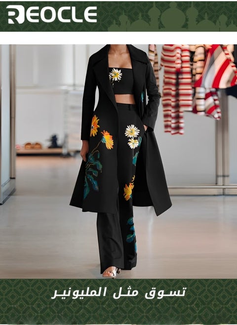 Bell Bottoms Three-piece Suit Handsome Ladies Suit Black Autumn and Winter Fashion Street Photography Printed Long Windbreaker