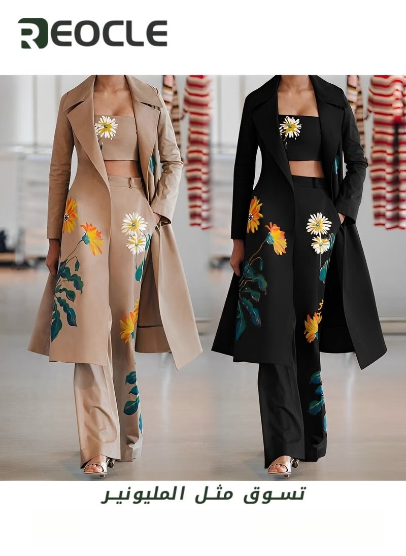 Bell Bottoms Three-piece Suit Handsome Ladies Suit Black Autumn and Winter Fashion Street Photography Printed Long Windbreaker