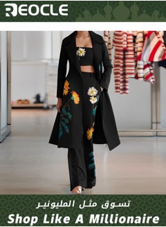 Bell Bottoms Three-piece Suit Handsome Ladies Suit Black Autumn and Winter Fashion Street Photography Printed Long Windbreaker