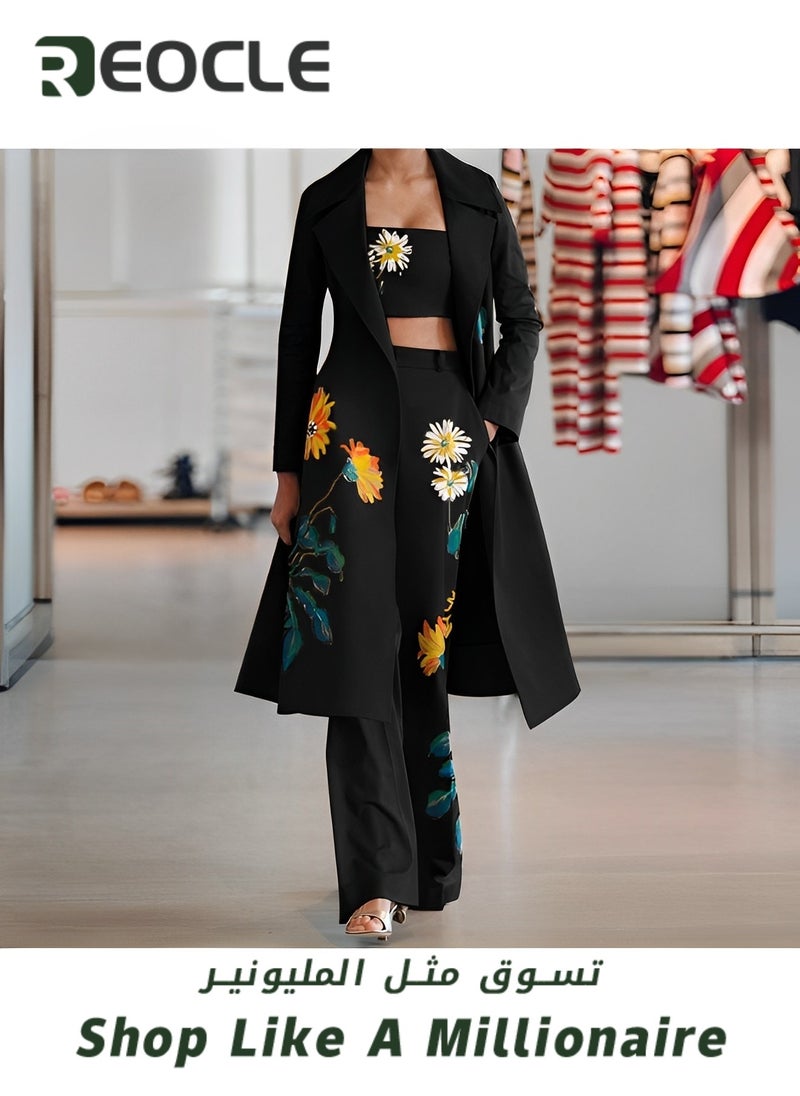 REOCLE - Bell Bottoms Three-piece Suit Handsome Ladies Suit Black Autumn and Winter Fashion Street Photography Printed Long Windbreaker - Image 1