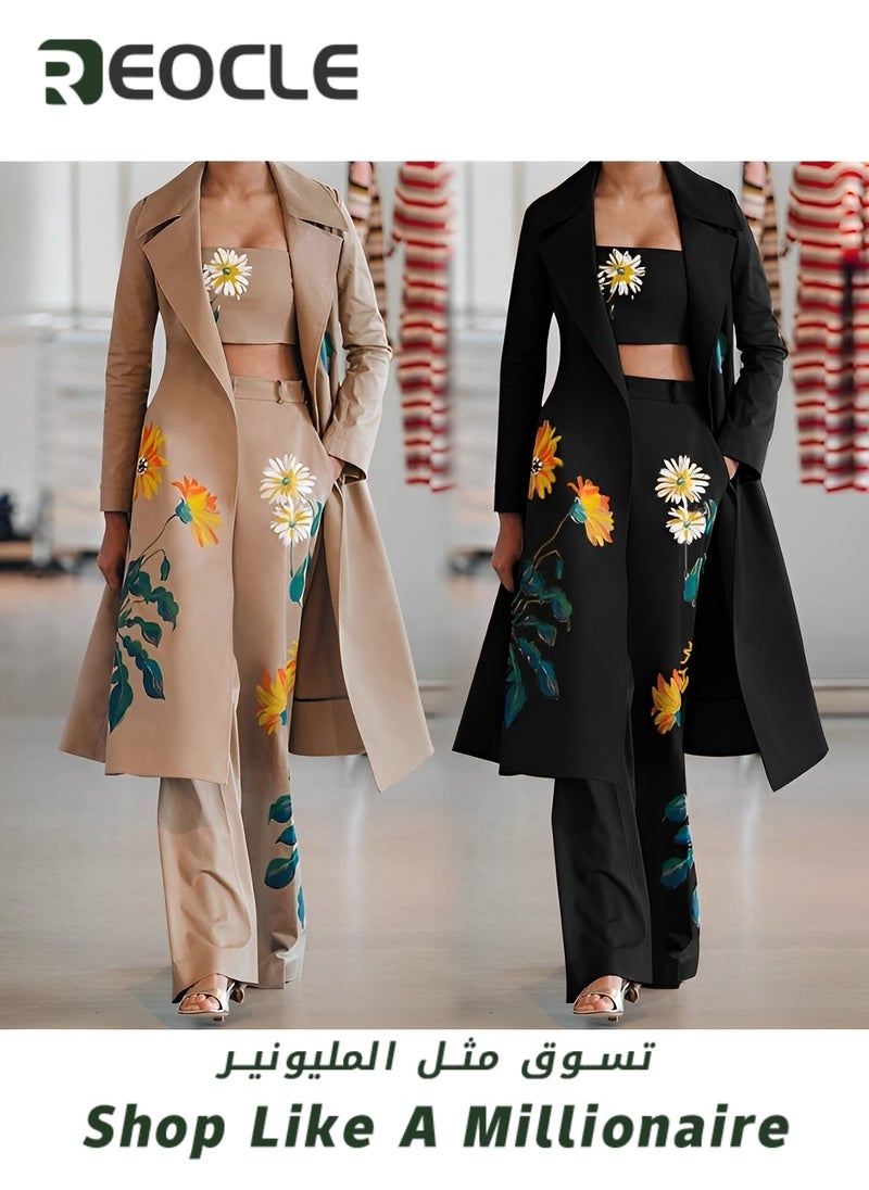 REOCLE - Bell Bottoms Three-piece Suit Handsome Ladies Suit Black Autumn and Winter Fashion Street Photography Printed Long Windbreaker - Image 1