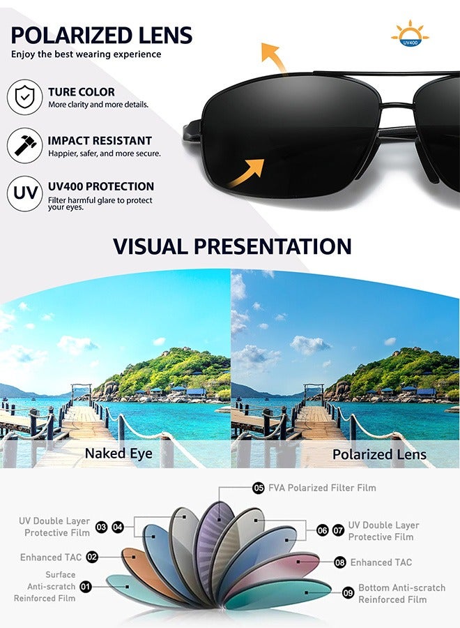 AZorb Men's Polarized Sunglasses for Men Women Metal Rectangular Frame Sun Glasses High Quality Military Aviator Sunglasses with UV400 Protection Shades Outdoor Travel Driving - Image 2