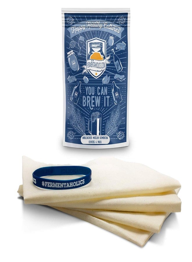 Fermentaholics Unbleached Muslin Kombucha Covers - 4 Pack with Rubber Bands - 10" Square Fits Wide Variety Of Jar Openings - Tight Weave Keeps Flies Out - Let's Your Kombucha Breathe - Hand Wash - Image 1