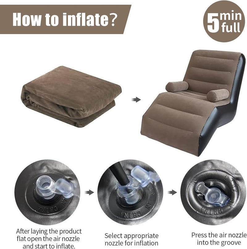 Lazy Inflatable Sofa,Inflatable Deck Chair,Flocking Backrest Inflatable Couch,Foldable Lounge Chair with Armrests for Living Room, Bedroom, Office,Travel, Camping (Brown) - Image 3