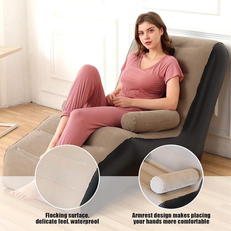 Lazy Inflatable Sofa,Inflatable Deck Chair,Flocking Backrest Inflatable Couch,Foldable Lounge Chair with Armrests for Living Room, Bedroom, Office,Travel, Camping (Brown) - Image 4