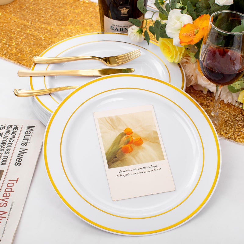 FLOWERCAT 60PCS Gold Plastic Plates - Heavy Duty White and Gold Plastic Plates Disposable for New Year Party/Wedding - Include 30PCS 10.25" Dinner Plates and 30PCS 7.5" Dessert Plates - Image 3