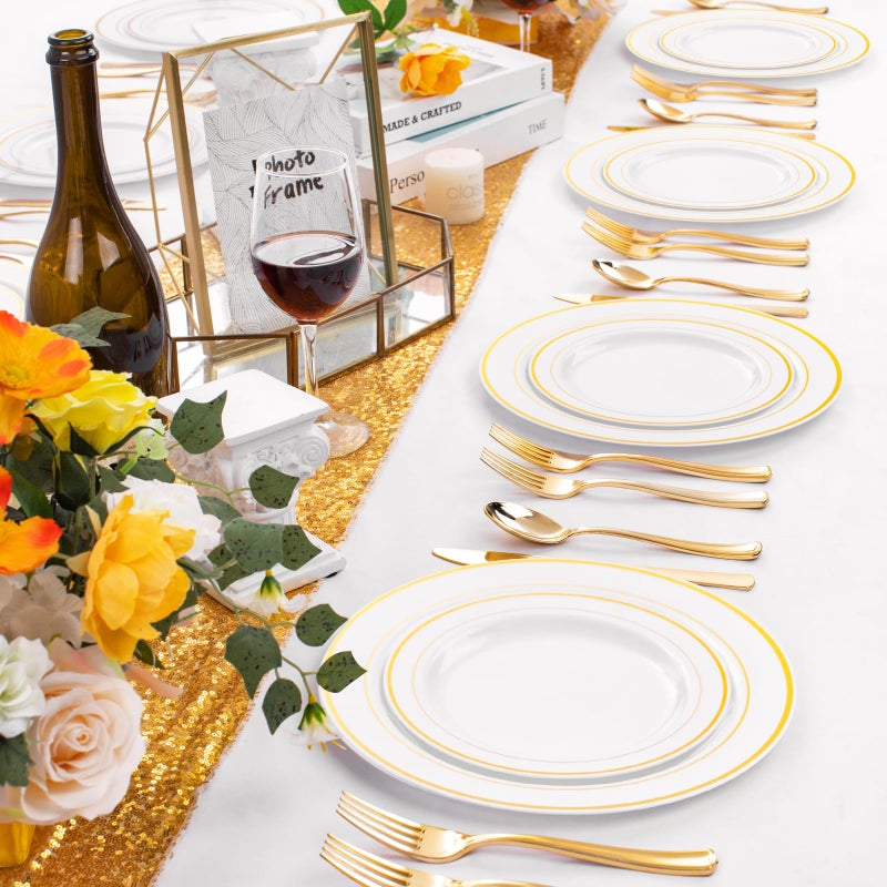 FLOWERCAT 60PCS Gold Plastic Plates - Heavy Duty White and Gold Plastic Plates Disposable for New Year Party/Wedding - Include 30PCS 10.25" Dinner Plates and 30PCS 7.5" Dessert Plates - Image 5