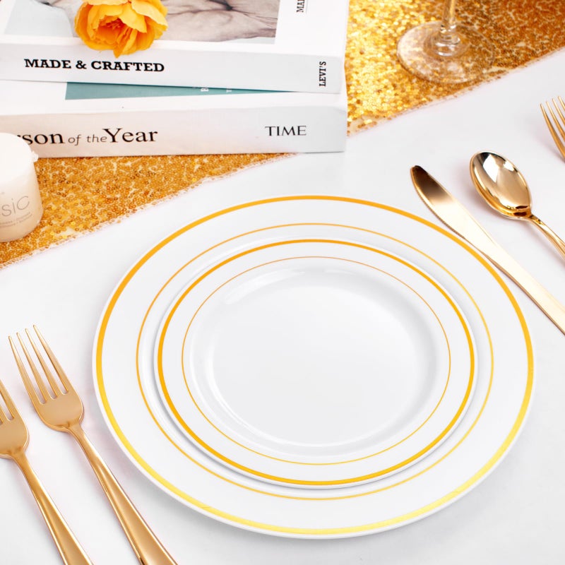 FLOWERCAT 60PCS Gold Plastic Plates - Heavy Duty White and Gold Plastic Plates Disposable for New Year Party/Wedding - Include 30PCS 10.25" Dinner Plates and 30PCS 7.5" Dessert Plates - Image 2