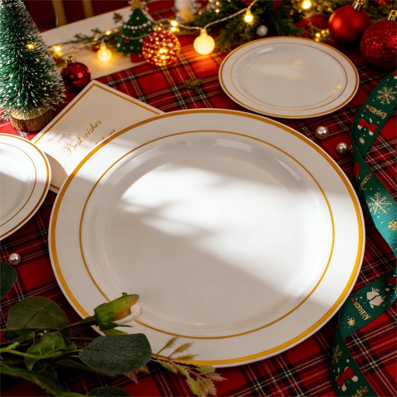 FLOWERCAT 60PCS Gold Plastic Plates - Heavy Duty White and Gold Plastic Plates Disposable for New Year Party/Wedding - Include 30PCS 10.25" Dinner Plates and 30PCS 7.5" Dessert Plates - Image 4