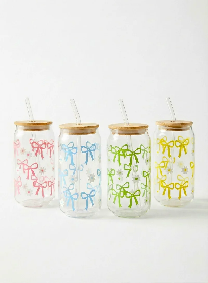 1 تشيس طقم أكواب شرب مزينة برسومات فيونكات، 4 قطع، سعة 450 مل، أكواب شرب بأغطية من الخيزران، شفاطات زجاجية، أكواب على شكل علبة بألوان الوردي والأزرق والأخضر والأصفر، تتضمن فرشاة تنظيف