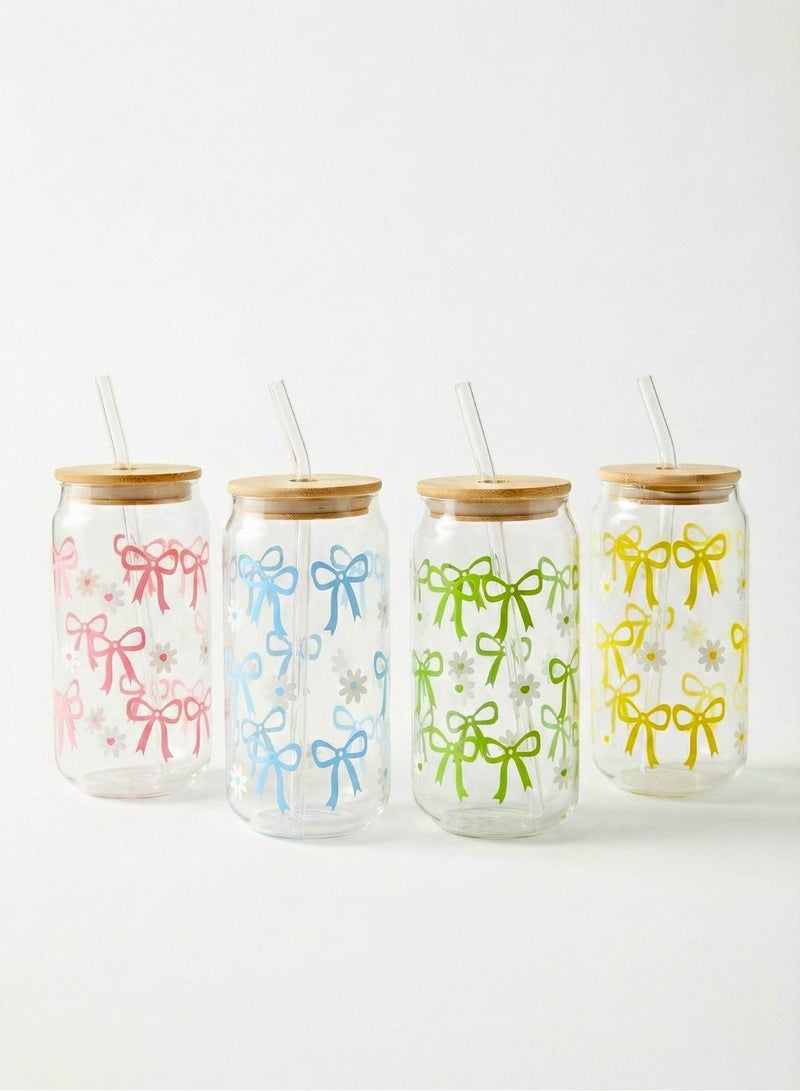 1Chase Sipper Glass with Bow Print Set of 4, 450ml, Drinking Glasses with Bamboo Lids, Glass Straws, Pink, Blue, Green, Yellow Can-Shaped Cups, Includes Cleaning Brush - Image 2