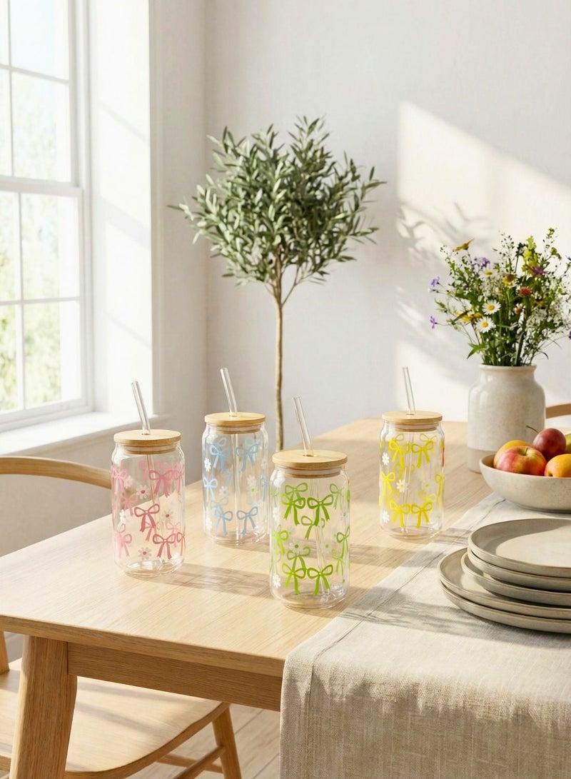 1Chase Sipper Glass with Bow Print Set of 4, 450ml, Drinking Glasses with Bamboo Lids, Glass Straws, Pink, Blue, Green, Yellow Can-Shaped Cups, Includes Cleaning Brush - Image 3
