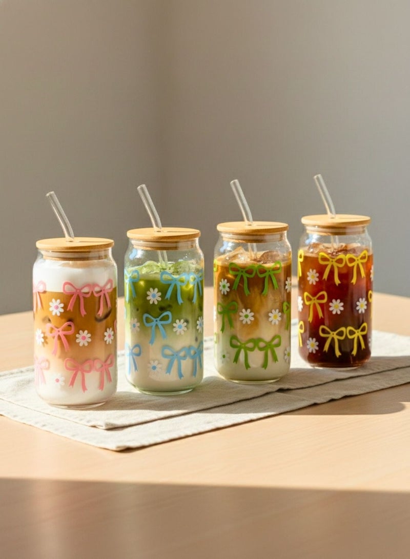 1Chase Sipper Glass with Bow Print Set of 4, 450ml, Drinking Glasses with Bamboo Lids, Glass Straws, Pink, Blue, Green, Yellow Can-Shaped Cups, Includes Cleaning Brush - Image 5