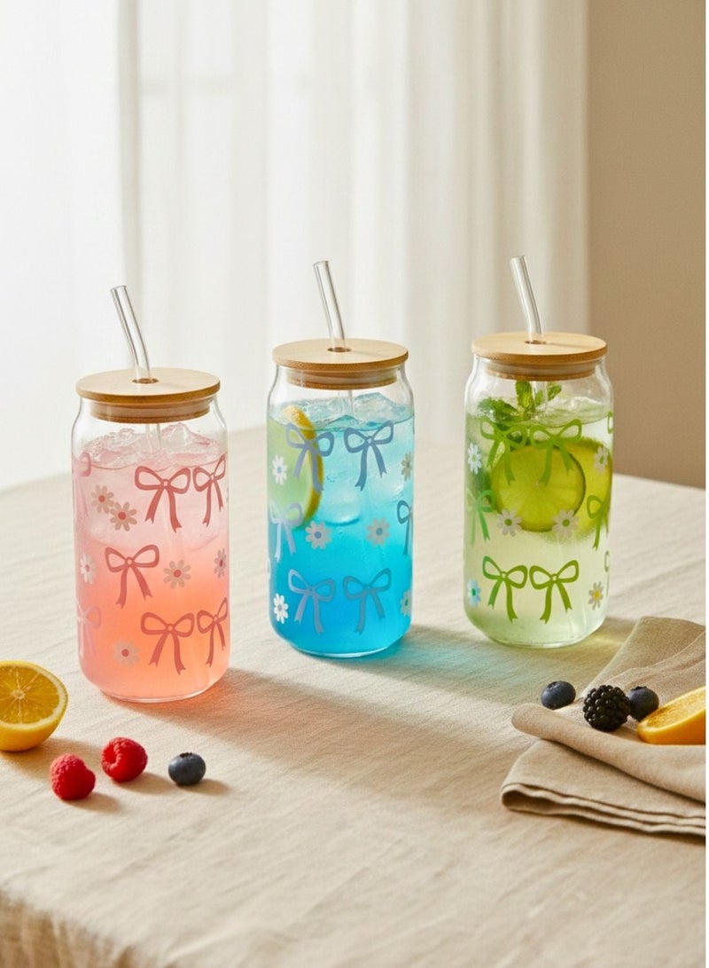 1Chase Sipper Glass with Bow Print Set of 4, 450ml, Drinking Glasses with Bamboo Lids, Glass Straws, Pink, Blue, Green, Yellow Can-Shaped Cups, Includes Cleaning Brush - Image 4