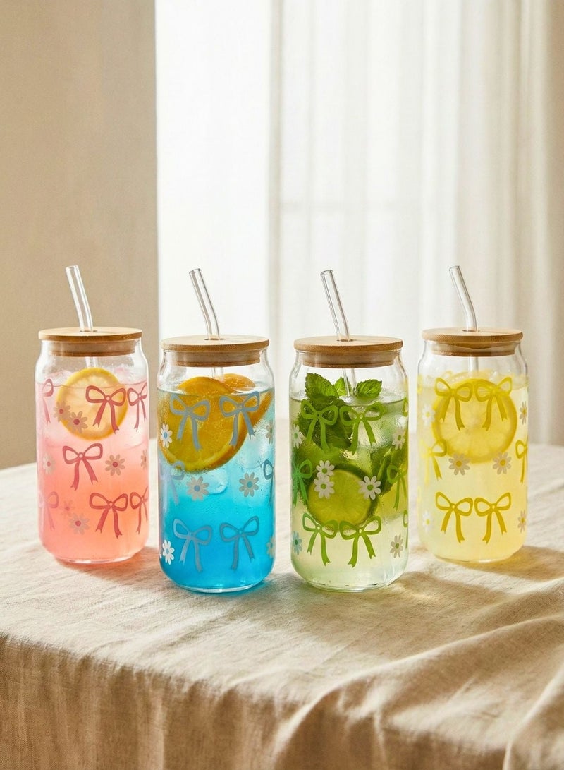 1Chase Sipper Glass with Bow Print Set of 4, 450ml, Drinking Glasses with Bamboo Lids, Glass Straws, Pink, Blue, Green, Yellow Can-Shaped Cups, Includes Cleaning Brush - Image 1