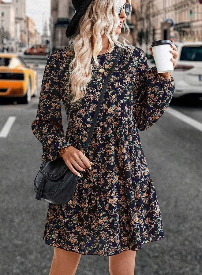 Take Two Women's Allover Printed Round Neck Long Sleeve Mini Dress