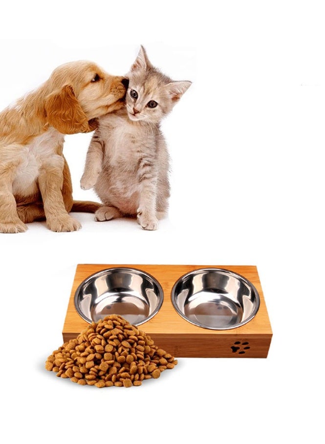 وعاء ماء وطعام للقطط والكلاب، وعاء مزدوج من الفولاذ المقاوم للصدأ للحيوانات الأليفة مع قاعدة من الخيزران، أوعية مرتفعة لتغذية الحيوانات الأليفة للطعام الجاف والرطب والماء في المنزل وفي الهواء الطلقRAISED PET BOWL REDUCES BLOATING AND NECK STRAIN IN PETS: Pets with arthritis, neck, or back problems find it a relief to eat from a raised feeder. Digestive health is dramatically improved when dogs and cats no longer have to strain unnaturally to eat from ground level. - Image 1