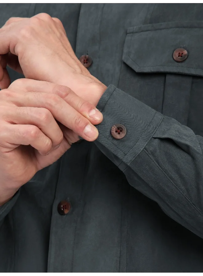 بيونغ قميص سويدي رمادي بألواح