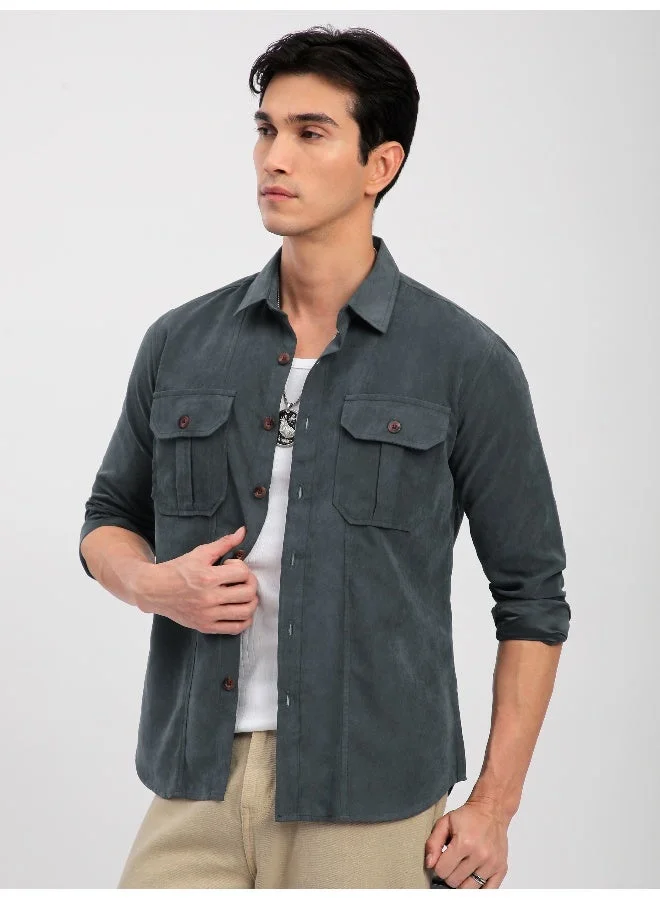 Beyoung Grey Panel Suede Shirt