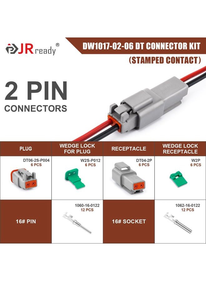 JRready طقم موصلات دويتش DT 2 دبوس DW1017، موصلات كهربائية رمادية مقاومة للماء IP68 مع 12 زوج بحجم 16 جهات مطبوعة 14-18 AWG، للسيارات والشاحنات والقوارب، 6 مجموعات - Image 2